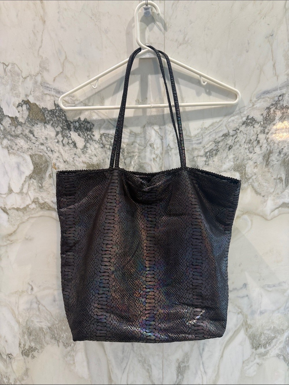 Carlos Falchi Black Iridescent Snake-Texture Tote